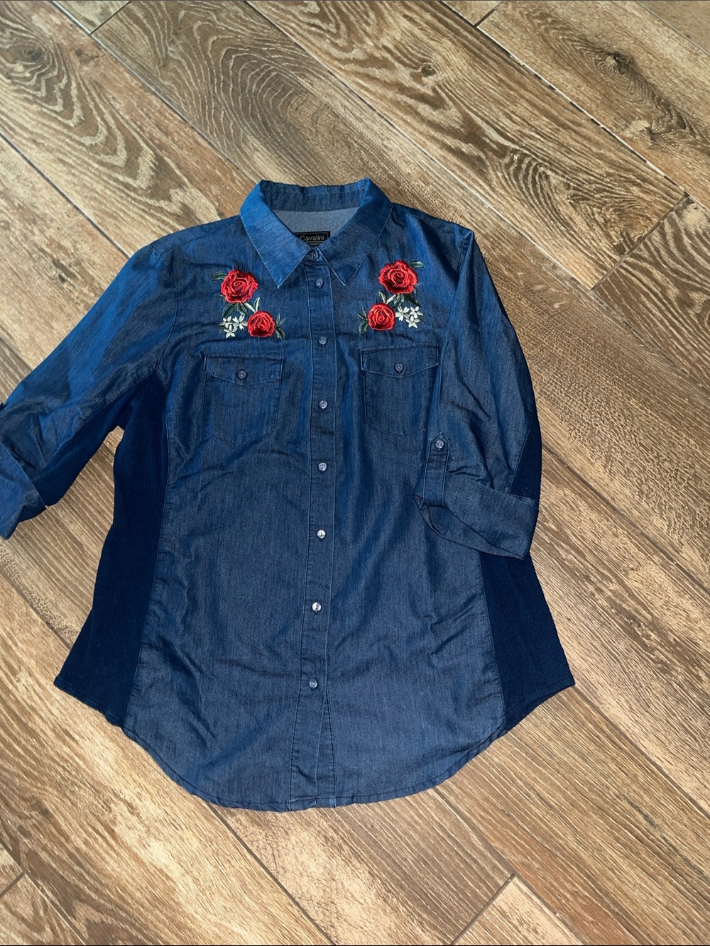 Denim Button-Down Shirt with Red Rose Embroidery